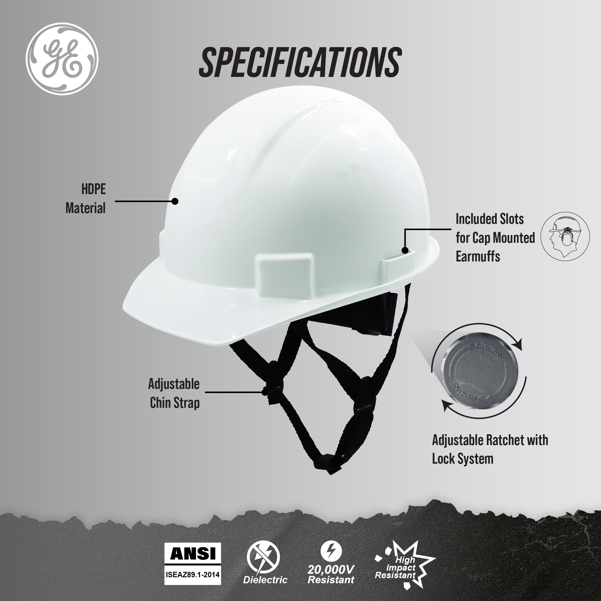 GE Casco duro, estilo de gorra sin ventilación, clase G y E, blanco, banda acolchada que absorbe el sudor, sistema de trinquete de 4 puntos, ranuras para orejeras, alta resistencia a los impactos,