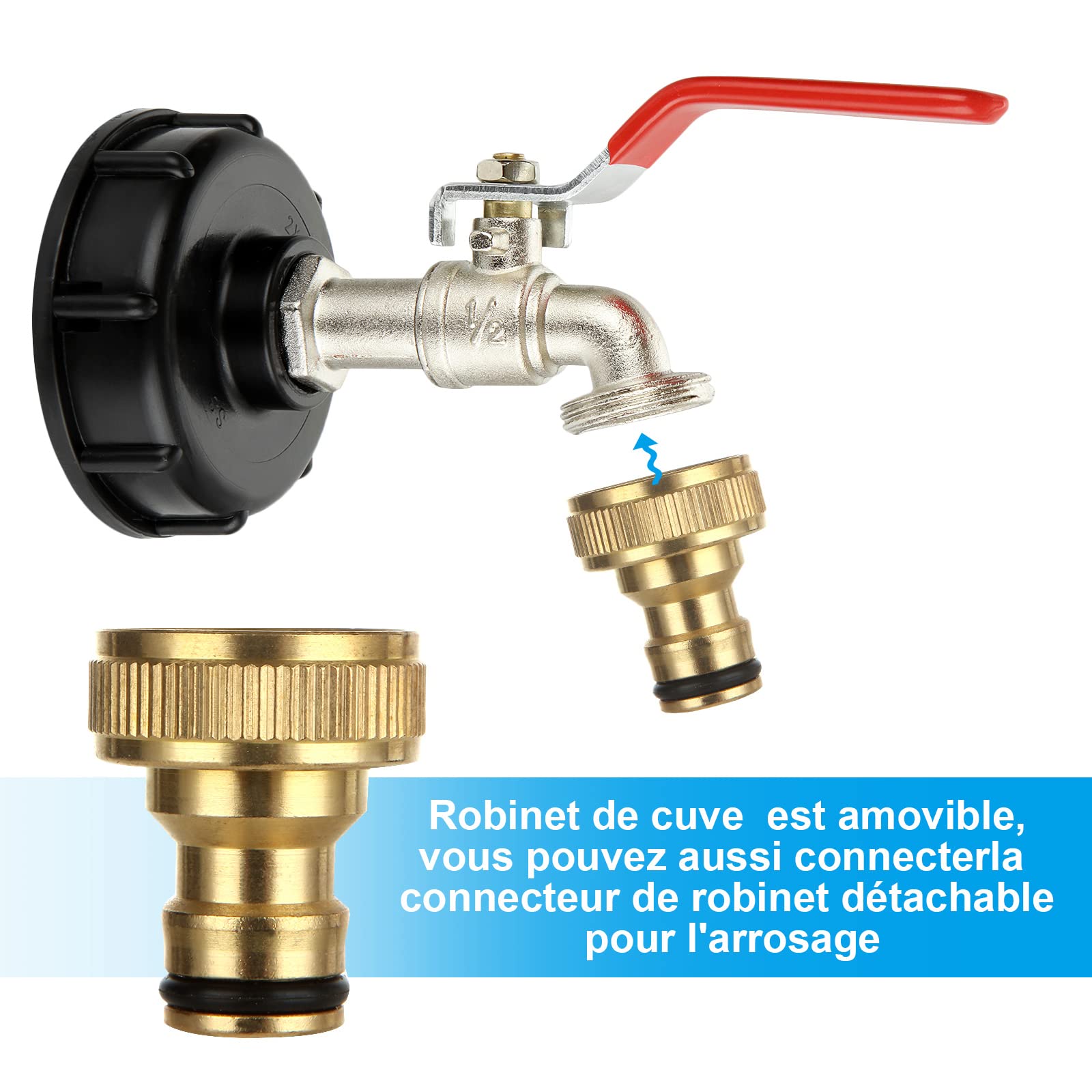 NINGYER 2 Pièces Robinet Cuve 1000L Alliage Zinc - Robinet IBC 1/2" Et 3/4" Avec Raccord Et Ruban PTFE