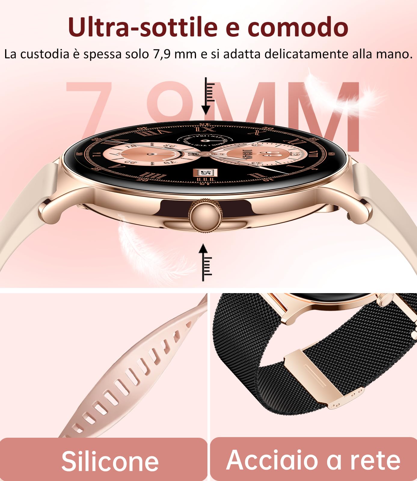 LIGE Smartwatch Donna, 1,43" AMOLED Ultra-sottile Smartwatch con 7,9 mm, Chiamata Bluetooth, 100+ Modalità Sportive, Cardiofrequenzimetro/Sonno, Smartwatch da Donna Classico per Android iOS, FV12-H