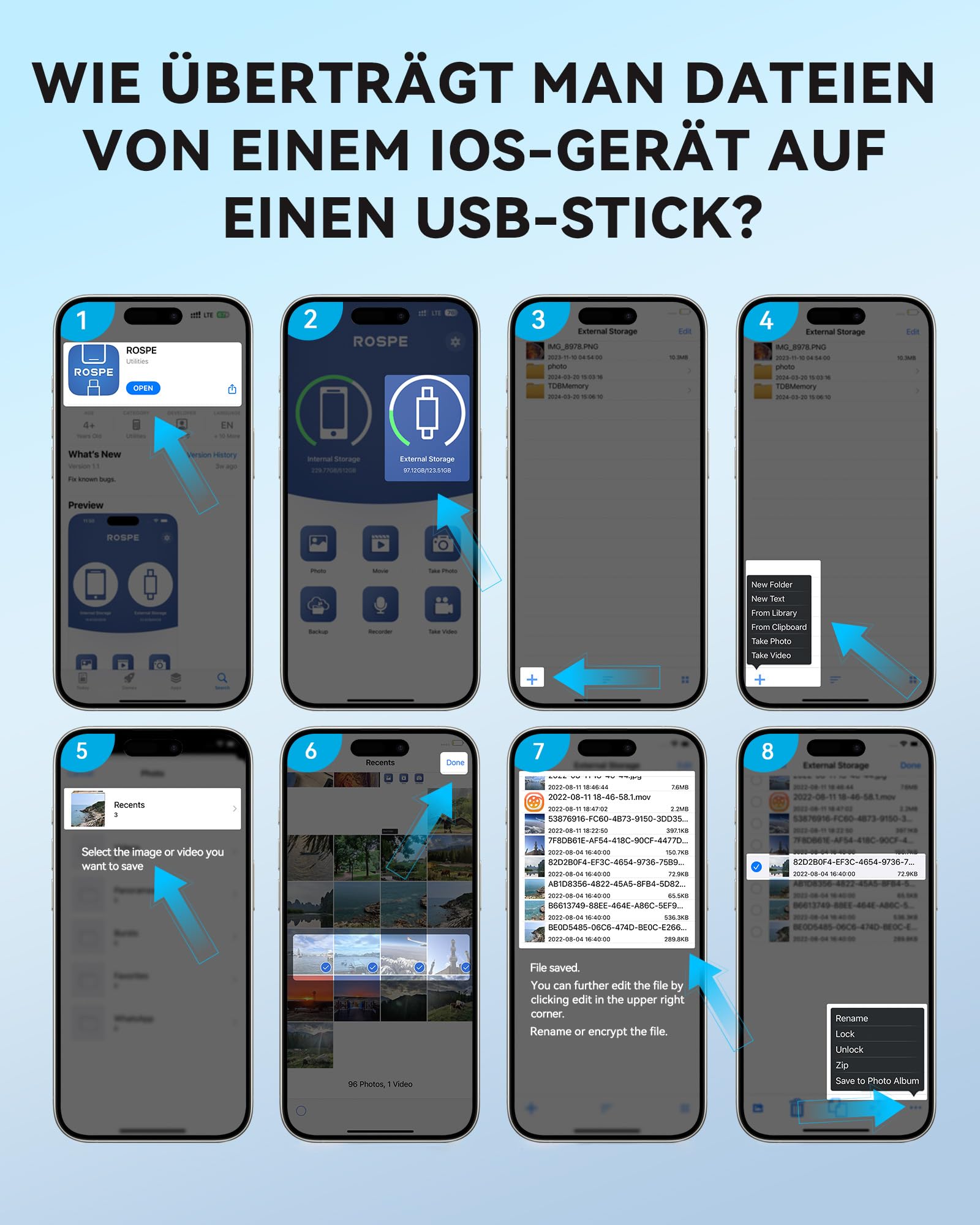 ROSPE USB Stick 128 GB für iPhone, MFi-zertifizierter Lightning Speicherstick, 3-in-1 Flash-Laufwerk für iOS/Android/PC, USB 3.0 High-Speed Memory Stick iPhone Externe Speichererweiterung, Aschblau