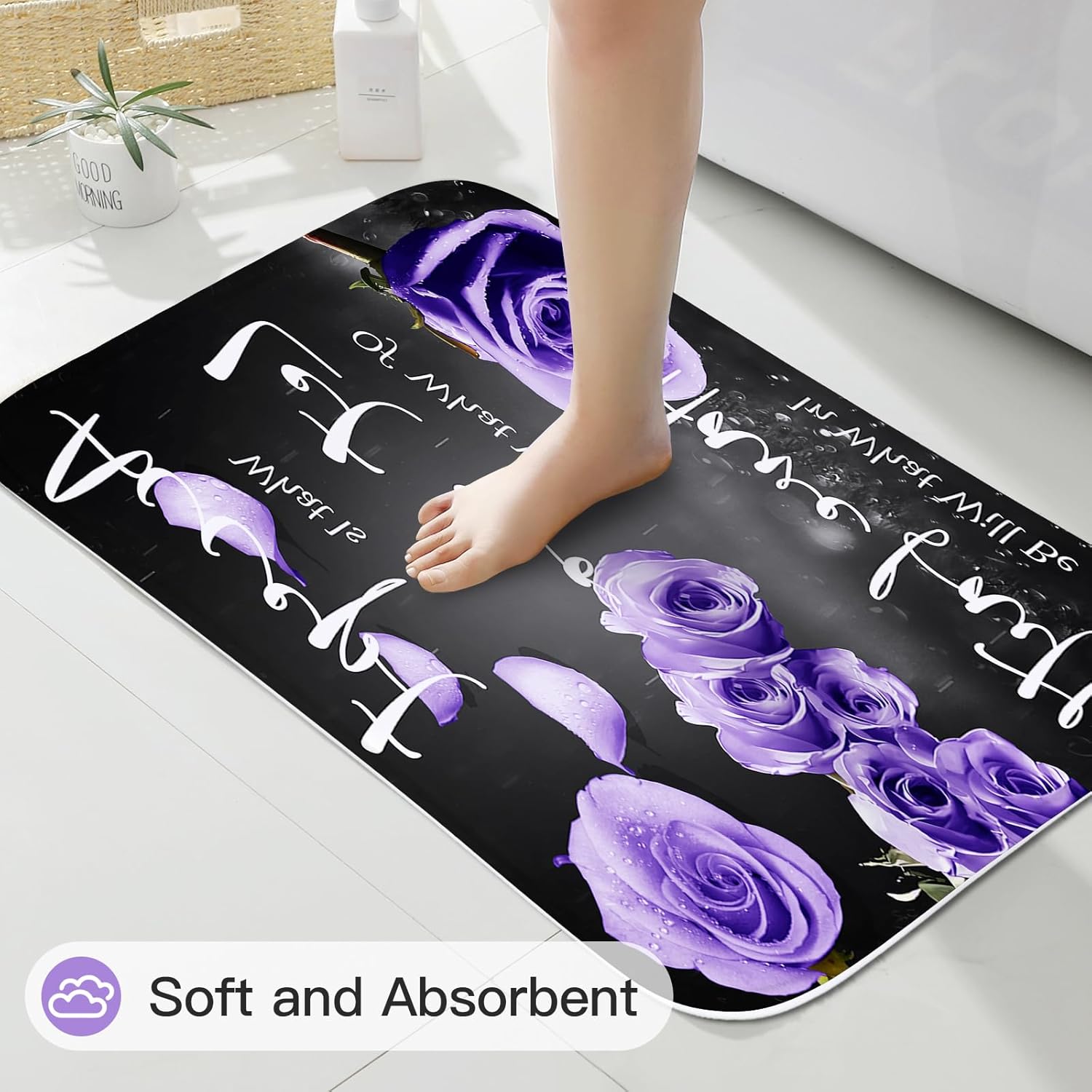 4 Pcs Lavender Rose Shower Curtain Sets with Non-Slip Rug, Toilet Lid Cover and Bath Mat, Thankful Blessed Black Purple Retro Elegant Shower Curtain Valentine's Day Bathroom Set(Hooks Not Included)