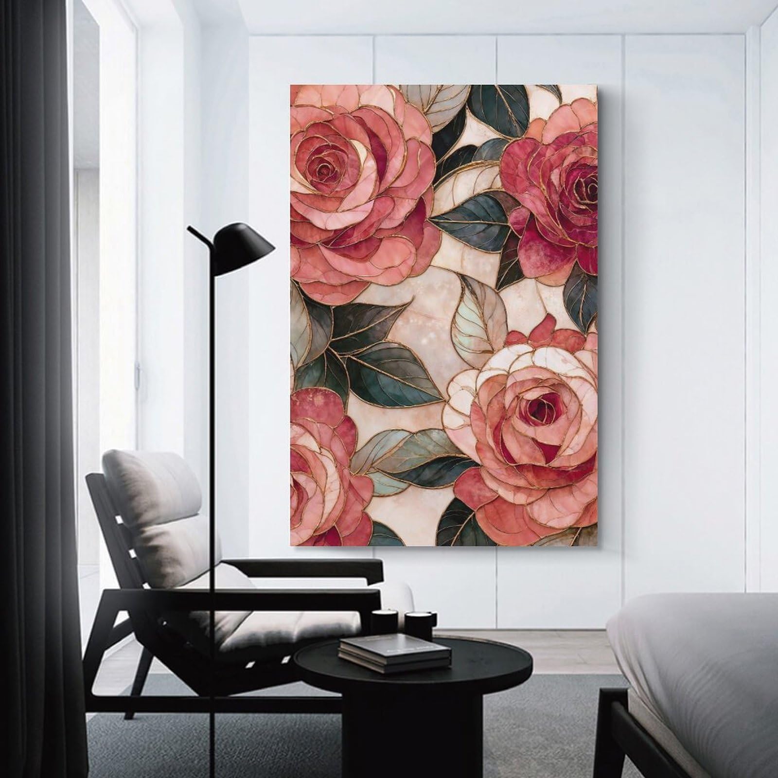 Junmoney Stained Glass Roses And Leaves Decorative Canvas Print 16x24inch(40x60cm), for Study, Office Or Focused Interiors, Wall Art That Adds Style to Work Areas