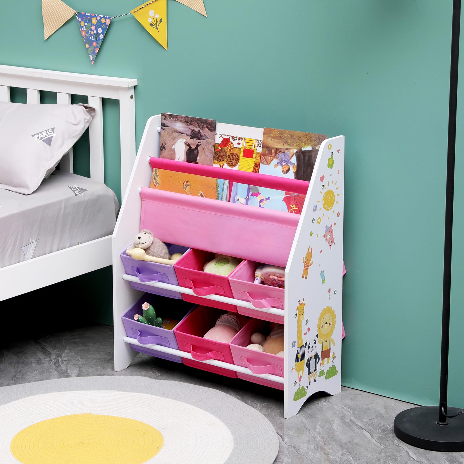 Kinder-Bücherregale, Kinder-Bücherregal-Organizer, Schlingen-Display, Bücherregal mit 6 Spielzeug-Aufbewahrungsboxen und 2 Bücherregalen, Kinder-Bücherregale für Spielzimmer, Kinderzimmer