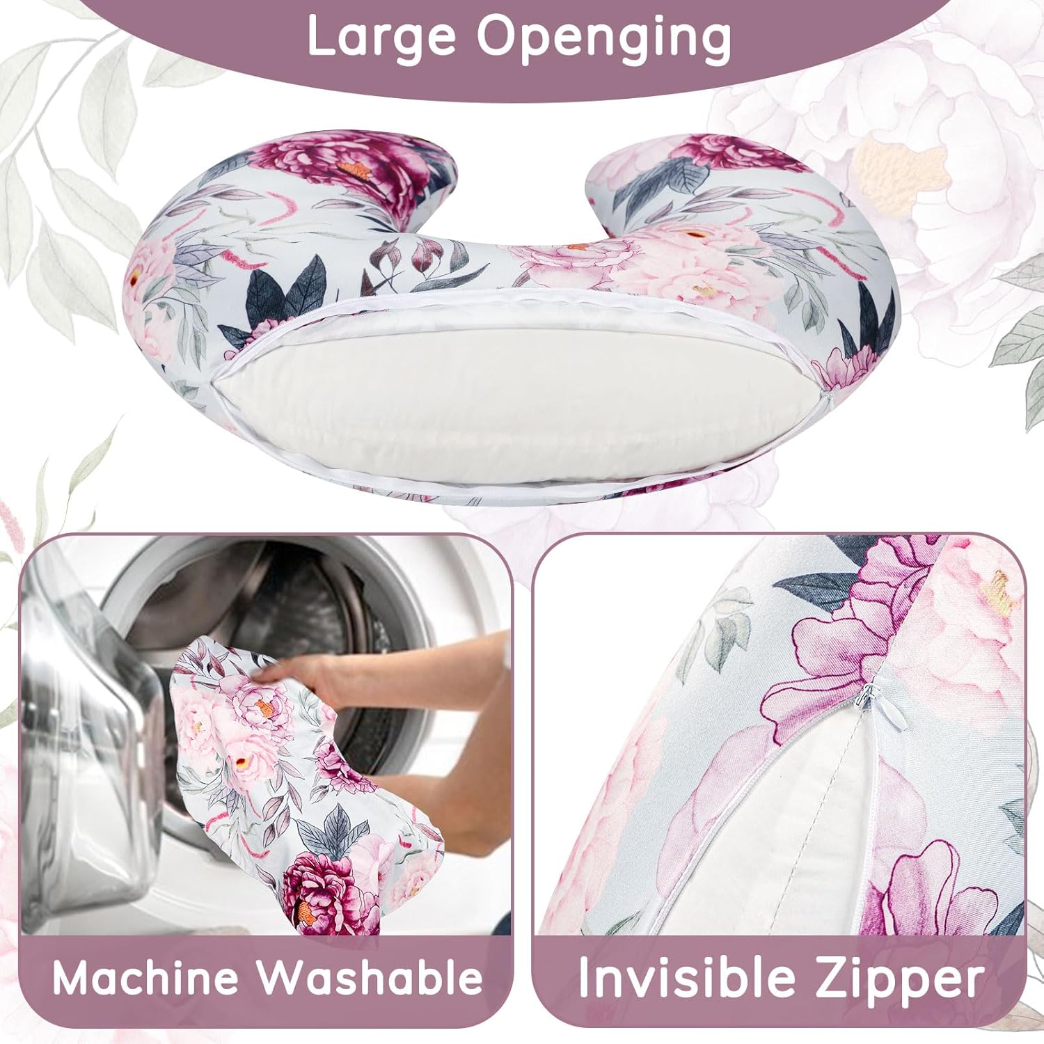 Baby Nursing Pillow Cover, Removeable Breastfeeding Pillow Slipcover, Nursing Pillow Case for Newborn Boys Girls, Soft Fabric Fits Snug On Infant, Washable & Breathable, Purple Flower - Image 4