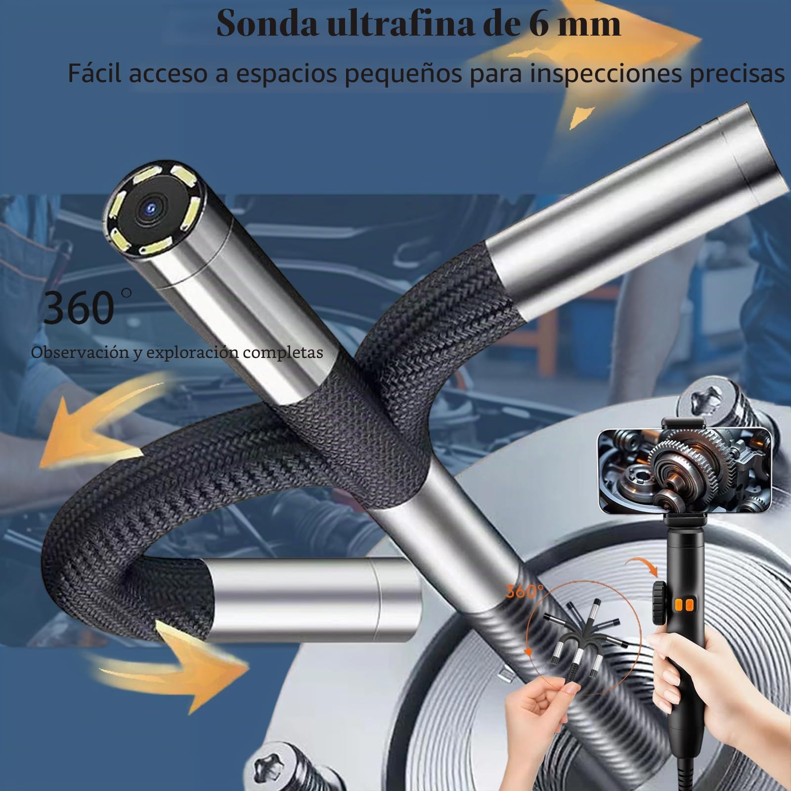 Endoscopio cámara de inspección, con lentes dobles, borescopio articulado de 360°, endoscopio con luz, lente de 6 mm IP67 sonda impermeable, 6 luces LED, para teléfonos Android/iOS (1 m/3,28 pies)