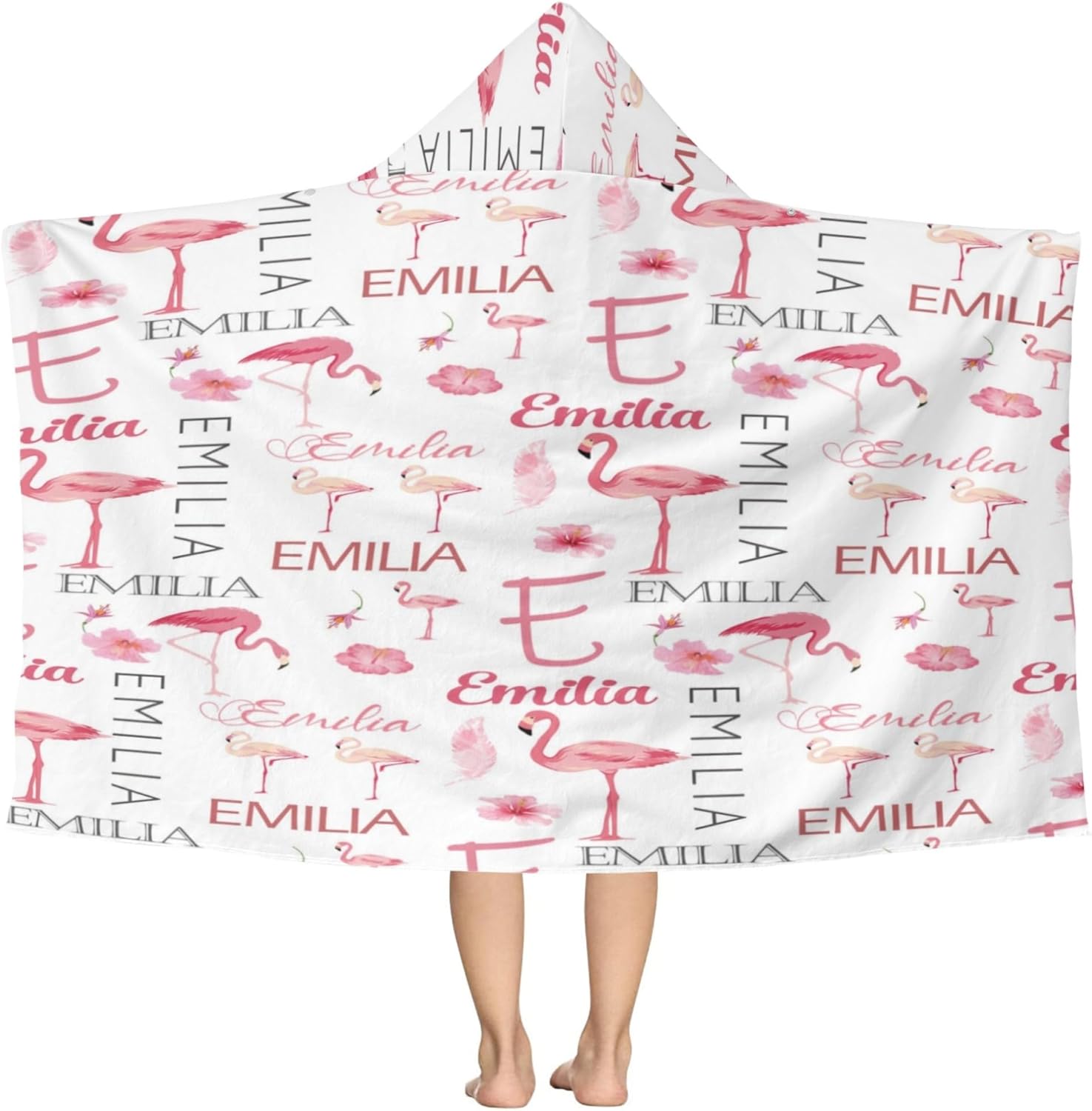 Personalized Flamingo Hooded Kids Bath Towels, Custom Beach Towel with Name, Absorbent Pool Towels with Buttons,30"x50" Toddler Hooded Towel Wrap for Boys Girls 3-10 Yrs