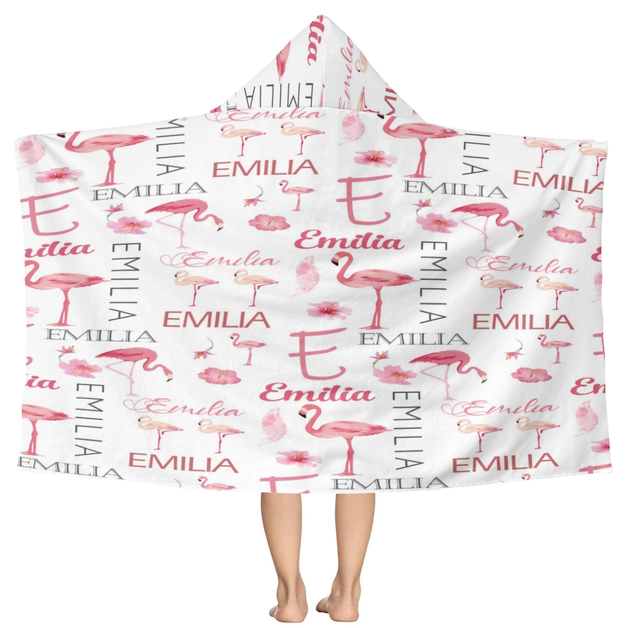 Personalized Flamingo Hooded Kids Bath Towels, Custom Beach Towel with Name, Absorbent Pool Towels with Buttons,30"x50" Toddler Hooded Towel Wrap for Boys Girls 3-10 Yrs