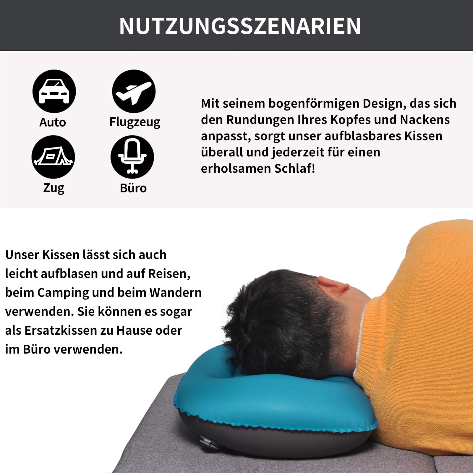 2er Set Aufblasbare Camping Kissen Strandkissen 80g Ultraleicht Reisekissen Tragbare für Büro, Auto 46x30 cm (Pfauenblau)