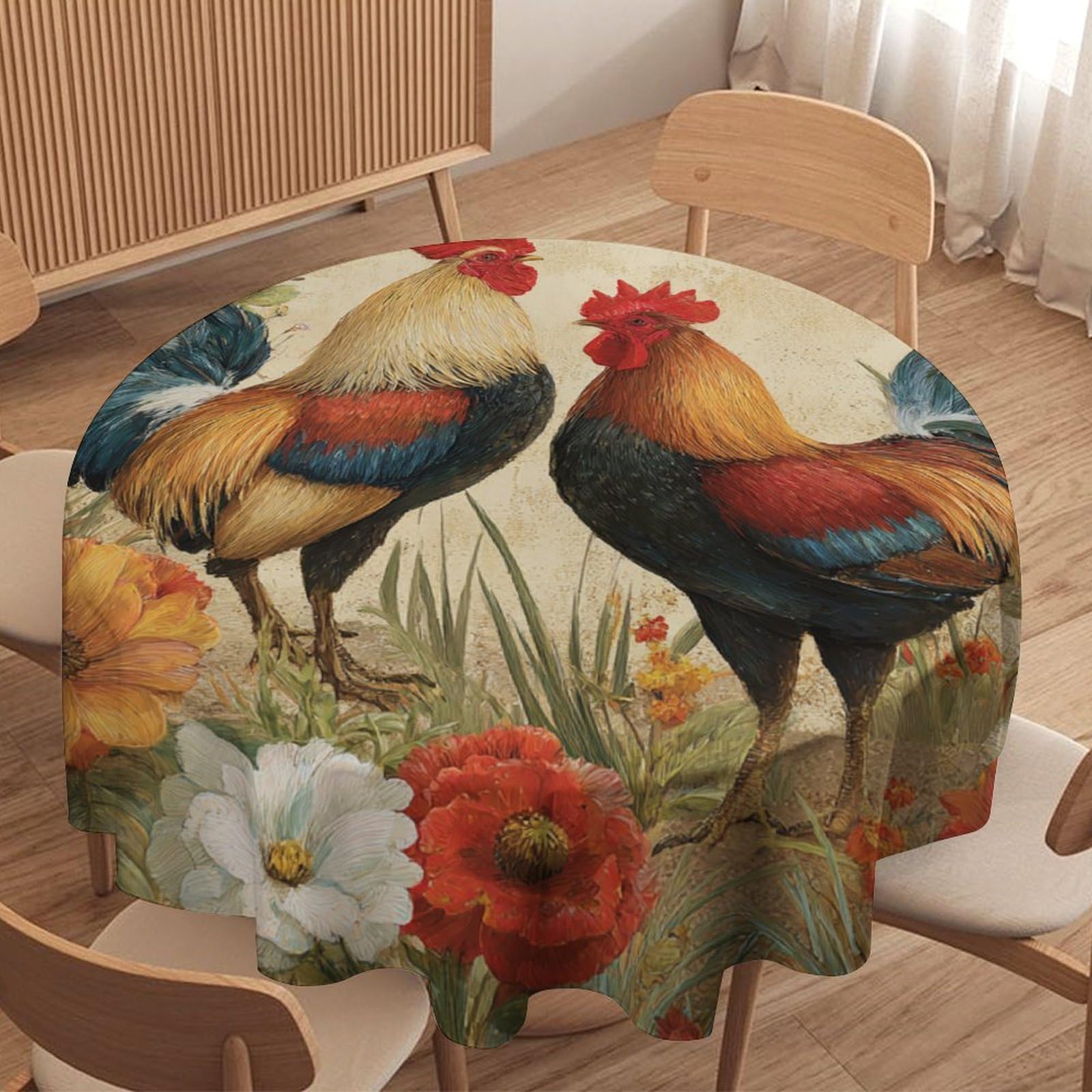 LUYYSKY Classic Watercolor Chickens Round Tablecloth Mid Century Art Spring Garden Flowers Animal Roosters Butterflies Washable Decor for Table Cover for Kitchen-70 Wx70 L