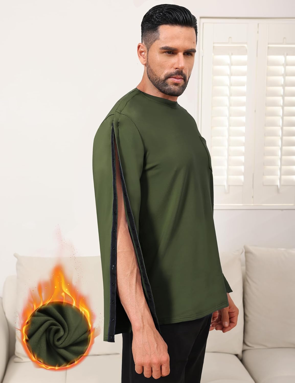 Fleece Lined Men's Post Shoulder Surgery Recovery Shirt Full Snap Tear Away Long Sleeve Chemo Port Access Adaptive Clohting - Image 2