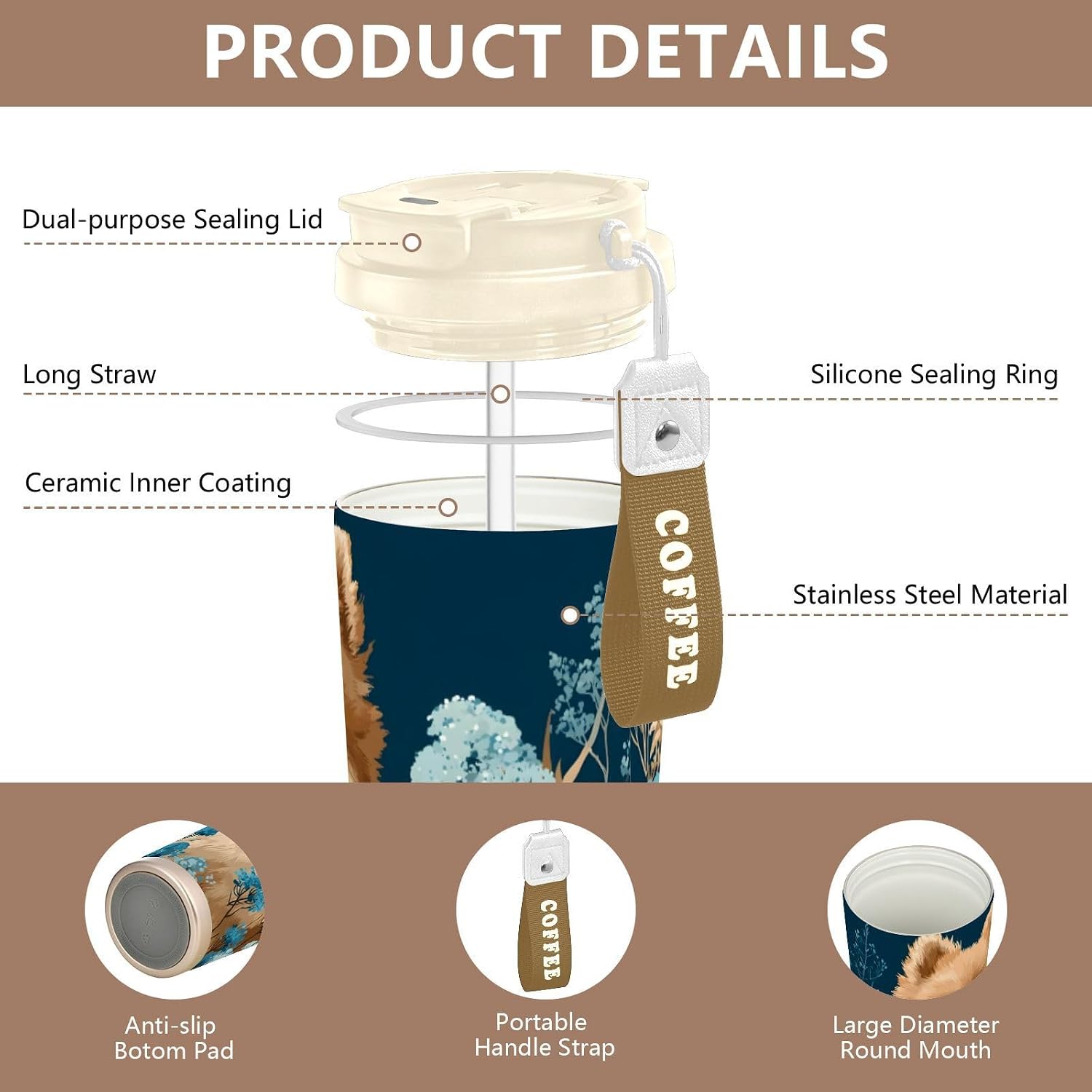 Pomeranian Dog Floral Blue Insulated Coffee Mug with Straw & Flip Lid, 16.9oz Iced Tumbler Cup, Double Wall Vacuum Leak-Proof Mug for Travel Office