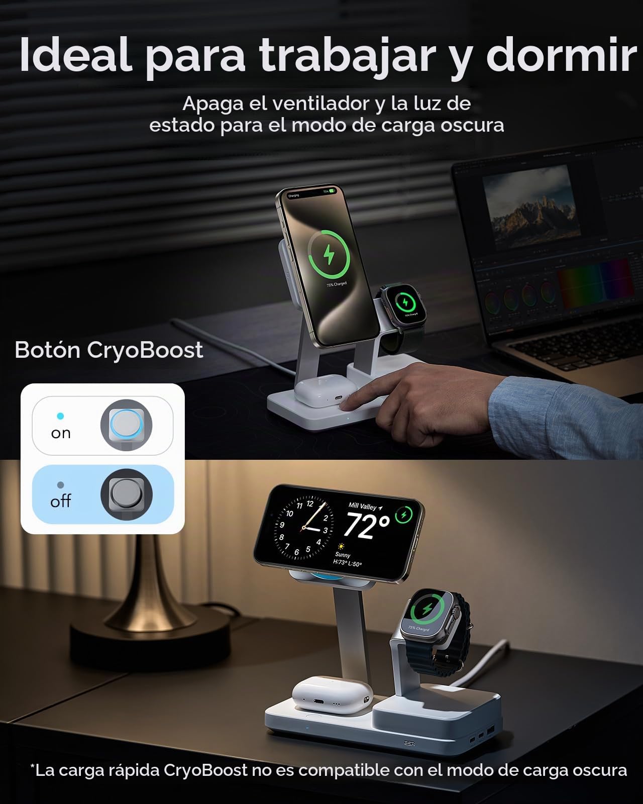 ESR Estación de Carga GAN 6en1 100 W + CryoBoost, Compatible Soporte de Cargador MagSafe, Cargador Inalámbrico Magnético iPhone 15/14/13/1