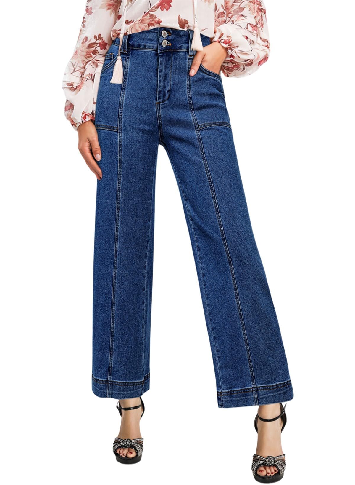 Astylish Womens High Waisted Wide Leg Jeans Cropped Straight Leg Denim Pants