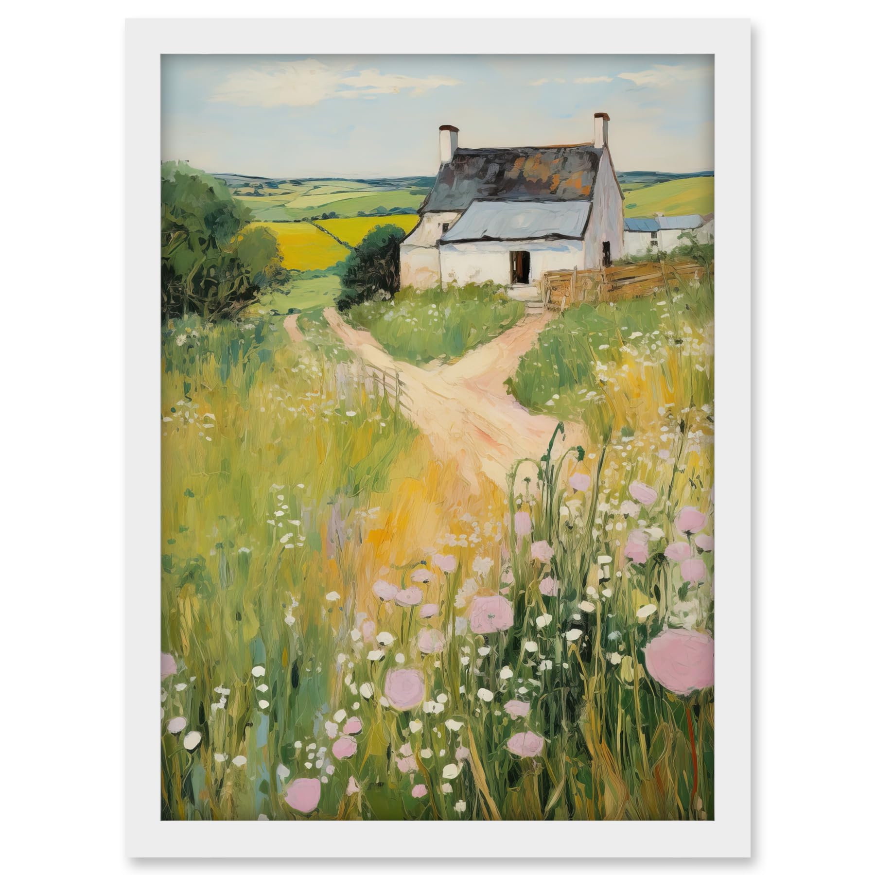 Artery8 Country Farmhouse Cottage Scene Traditional Landscape Oil Painting Meadows Countryside Summer Artwork Framed A3 Wall Art Print