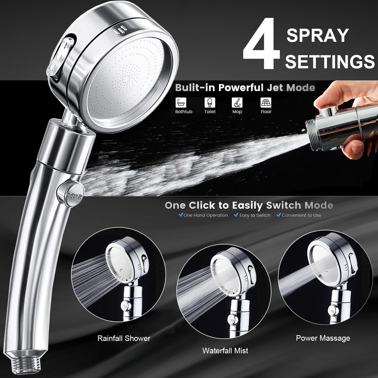 Shower Head Combo,10 Inch High Pressure Rain Shower Head with 11 Inch Adjustable Extension Arm and 3 Settings Handheld,Powerful Shower Spray Against Low Pressure Water with Long Hose(Chrome)