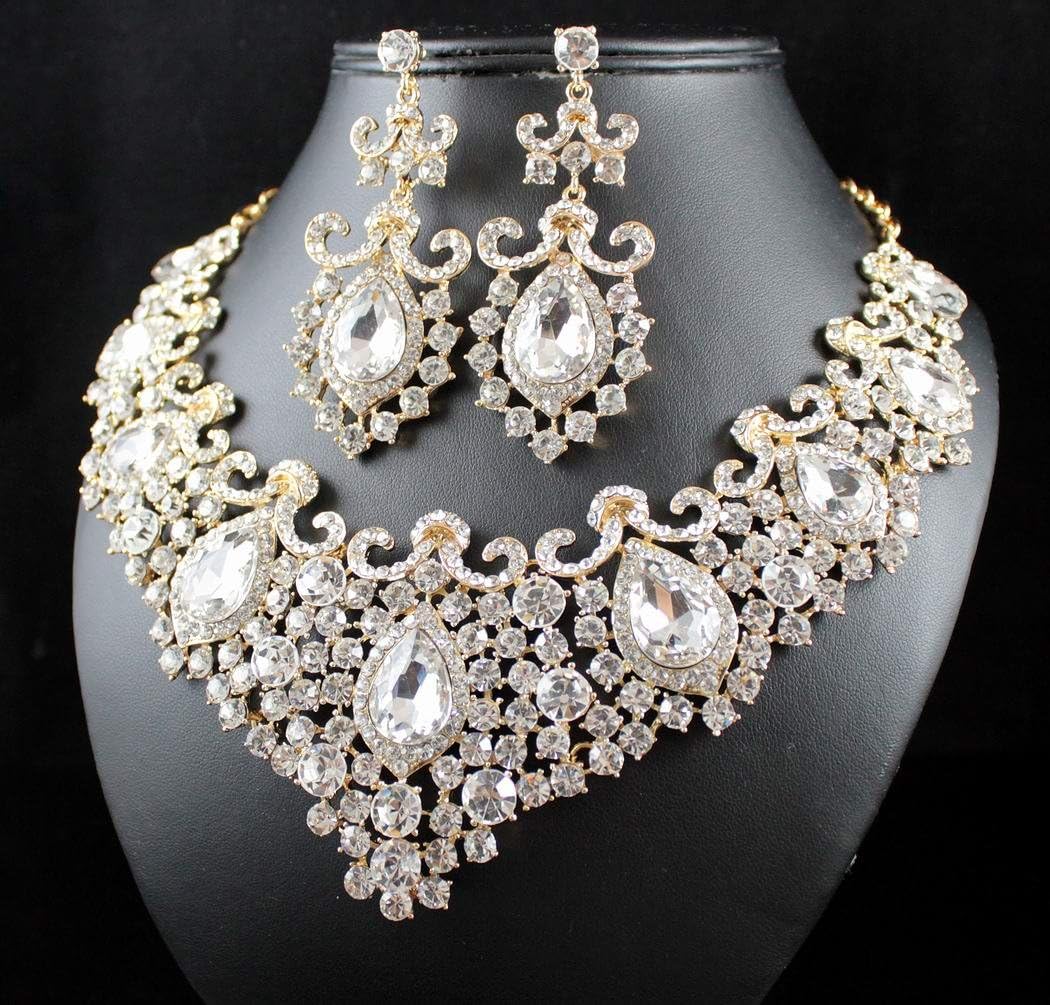 STUNNING CLEAR AUSTRIAN RHINESTONE CRYSTAL NECKLACE EARRINGS SET N12187G GOLD