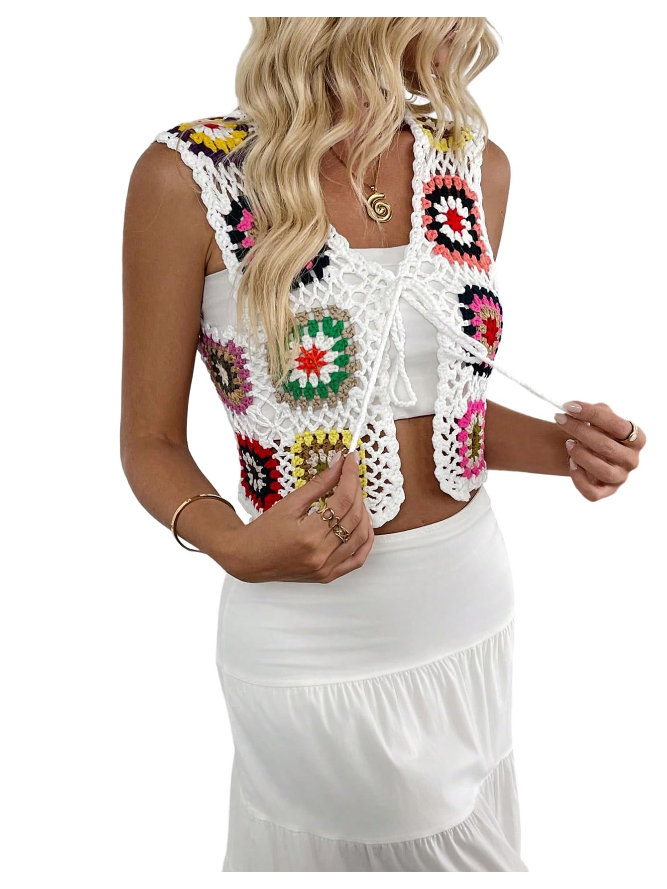 Womens Boho Crochet Sweater Vests Hollow Out Floral Knit Tops Sleeveless Tie Front V Neck Cardigans