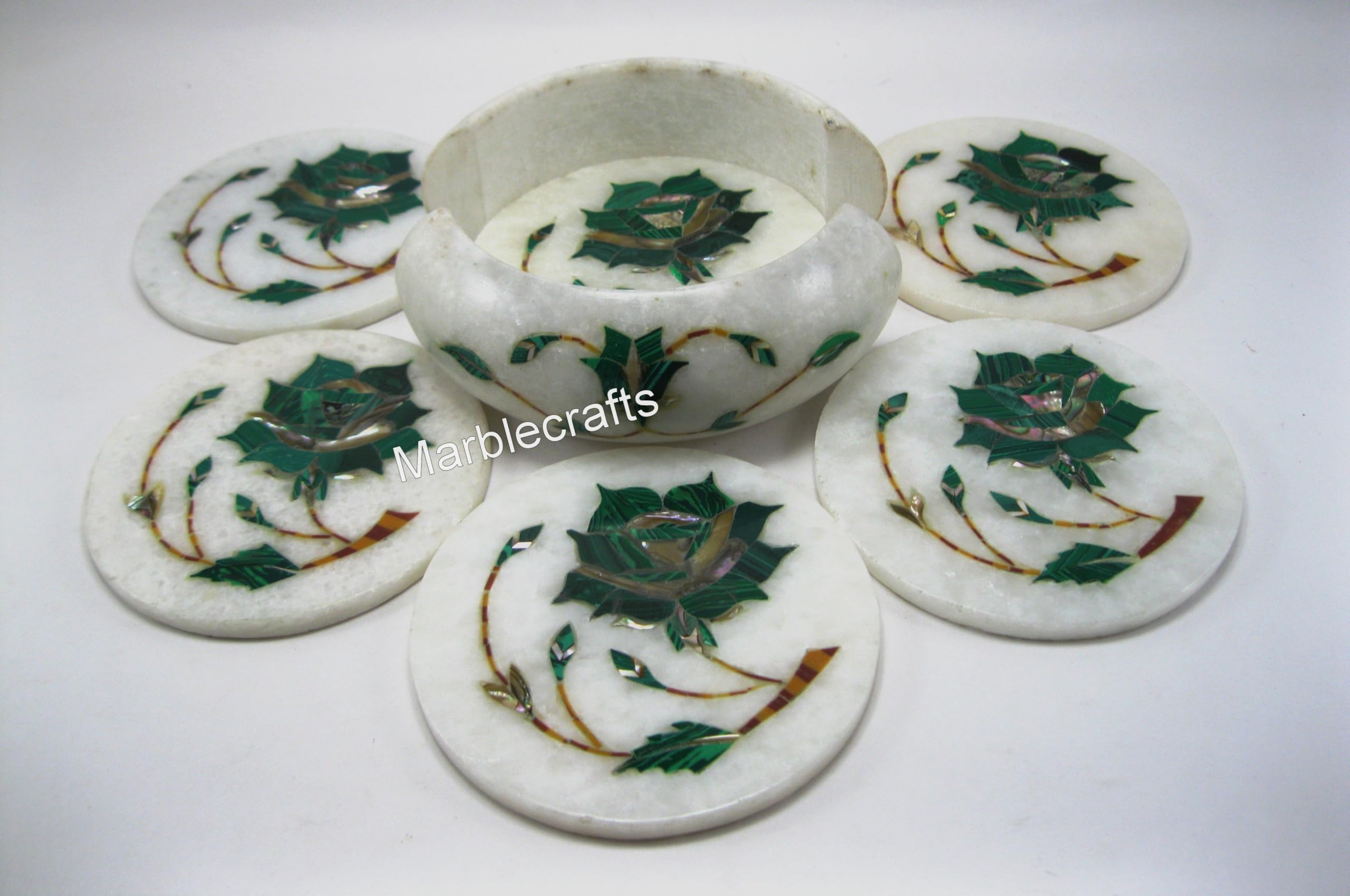 Sous-verres ronds en marbre floral et dessous de verre malachite