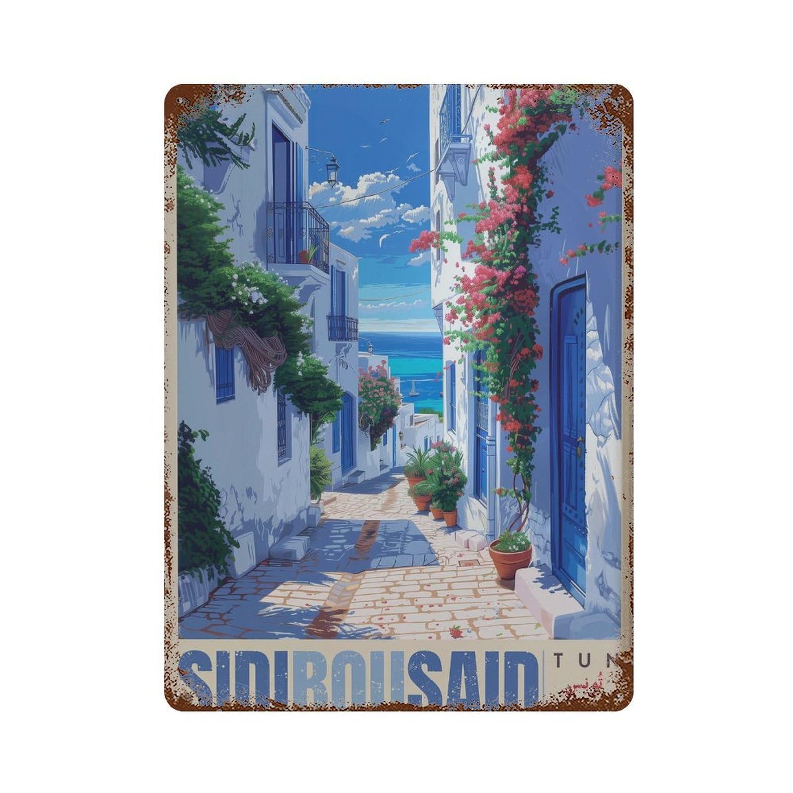 xiaoxiaoshen Sidi Bou Said Tunisia Travel Vibrant Mediterranean Wall Decor Art Metal Tin Poster Modern Home Decor Art Home Bar Shop Decorations Vintage Sign 40x30cm
