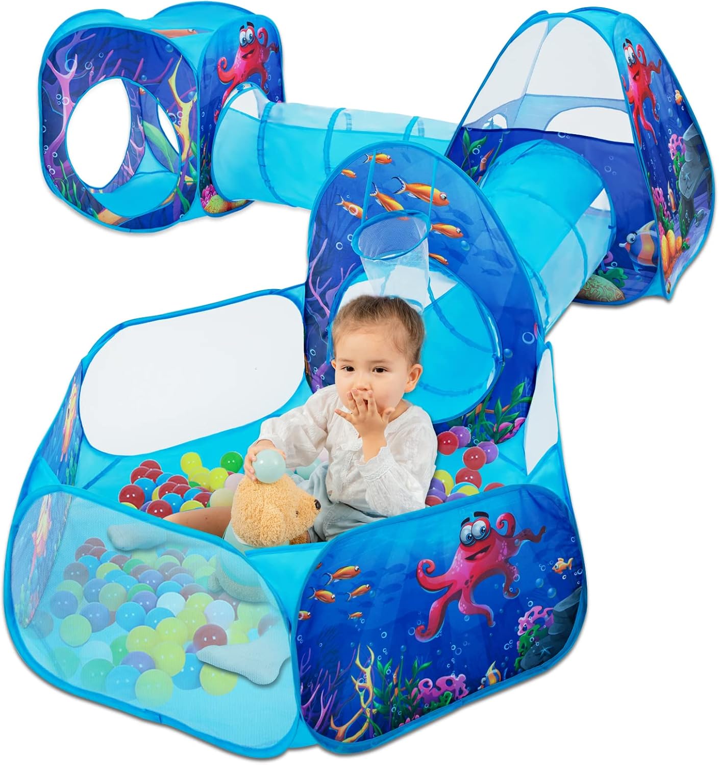 5pc Kids Play Tent with Tunnel for Toddlers, Pop up Play Tent for Kids Baby Play Tunnel Tents Crawl Tunnels Indoor Outdoor Playhouse with Basketball Pit Play Center : Toys & Games
