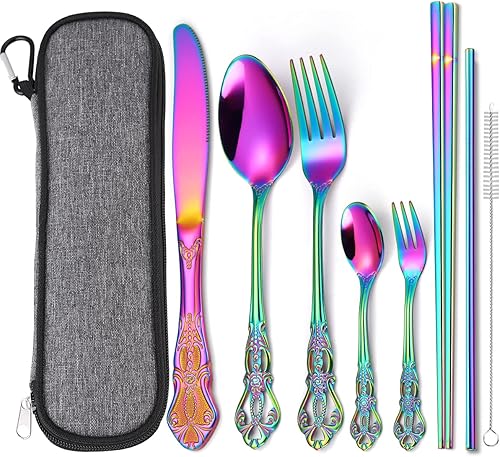 AARAINBOW Juego de cubiertos de acero inoxidable de 7 piezas, portátil, reutilizable, juego de utensilios de viaje, incluye palillos, cuchillo,
