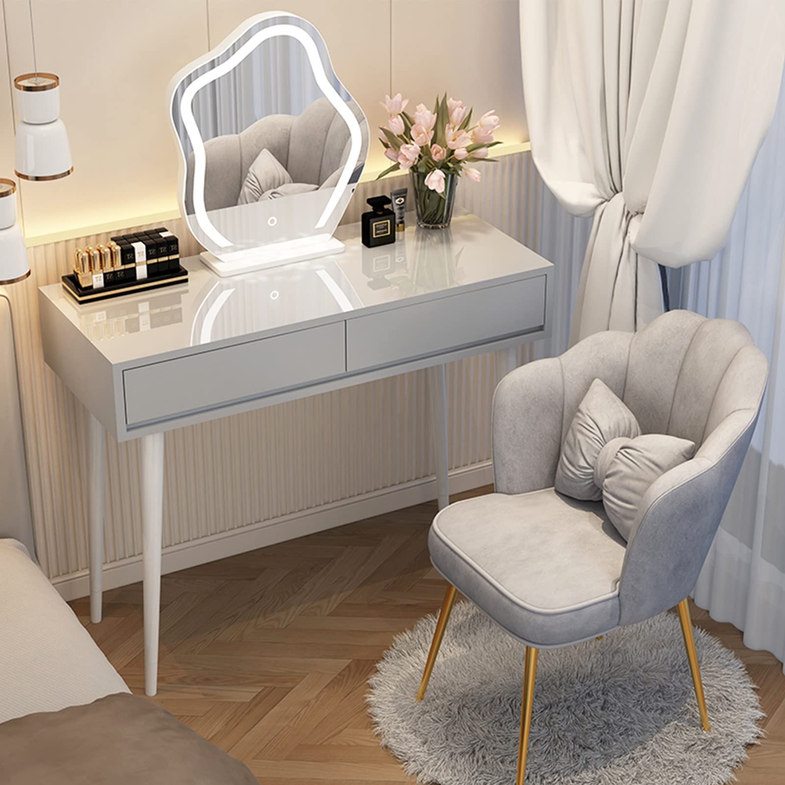 asdchZen Elegant Makeup Vanity Table With Led Lights Mirror & Upholstered Stool, White/Grey Dressing Table For Bedroom, Large Drawers, 100Cm/39.3In,Grey a-100cm/39.3in