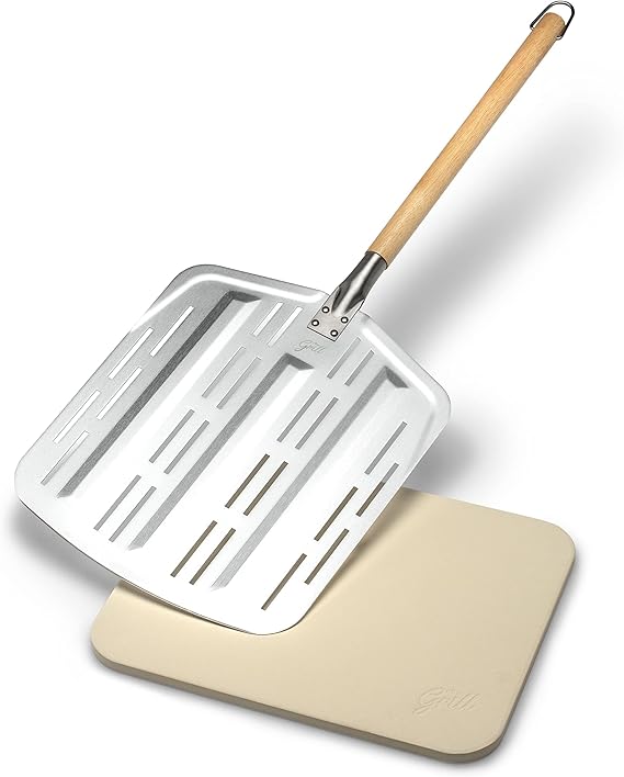 Hans Grill Pizza Stone PRO XL Baking Stone For Pizzas use in Oven, Grill or BBQ FREE Long Handled Anodised Aluminium Pizza Peel | Rectangular Stone 15 x 12 Inches | For Pies, Pastry, Bread, Calzone