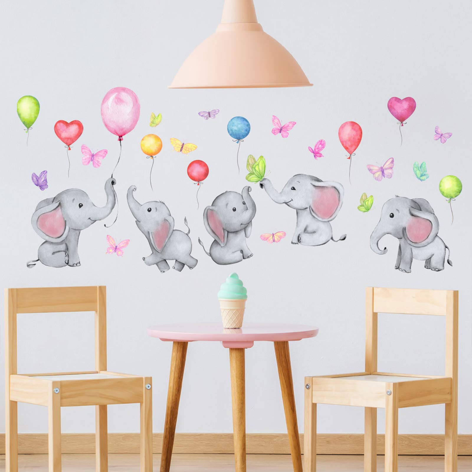 DILIBRAColorful Balloon Flying Animals Wall Decals, Cute Elephant Butterfly Wall Stickers, DILIBRA Removable Peel and Stick Cartoon Neutral Vinyl Wall Decor for Kids Nursery Bedroom Living Room