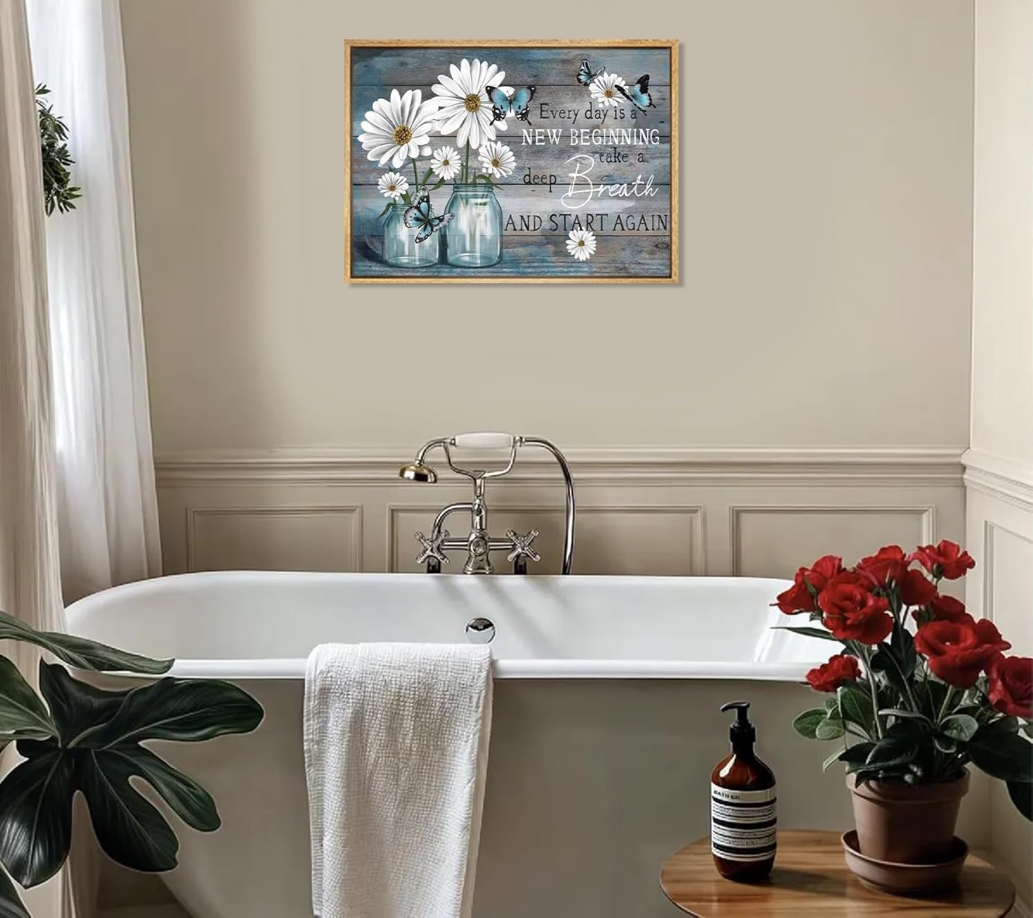 Wood Framed Daisy Wall Art Butterfly Wall Decor Inspirational Print Artwork Flower Picture Painting Still Life Suitable for Country Farmhouse Bedroom Bathroom Rustic Decoration 12x16in