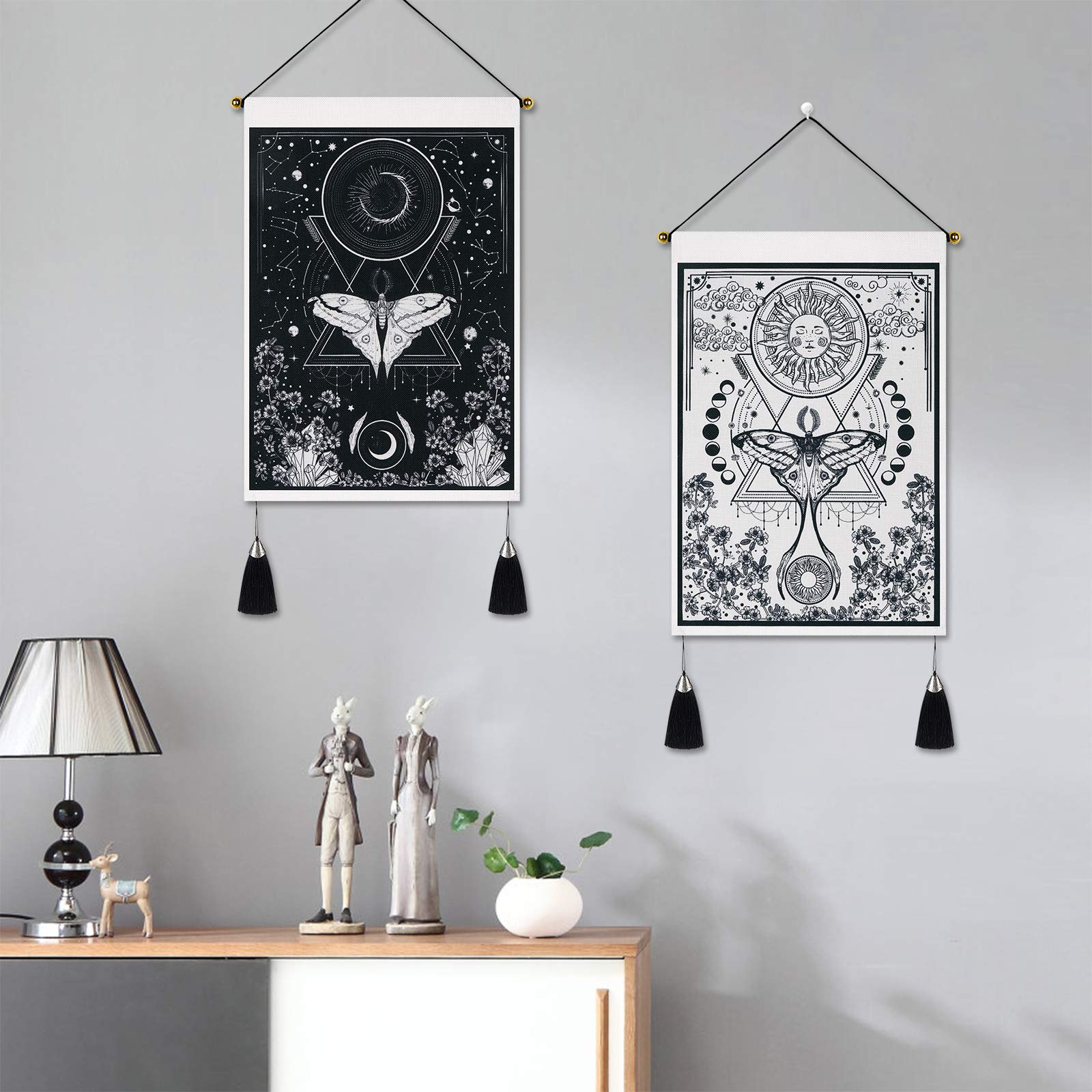 Boho Schmetterling Wandteppich – Mit Mondphase & Floralen Motiven, Polyester, In 4 Größen, Für Schlafzimmer & Wohnzimmer