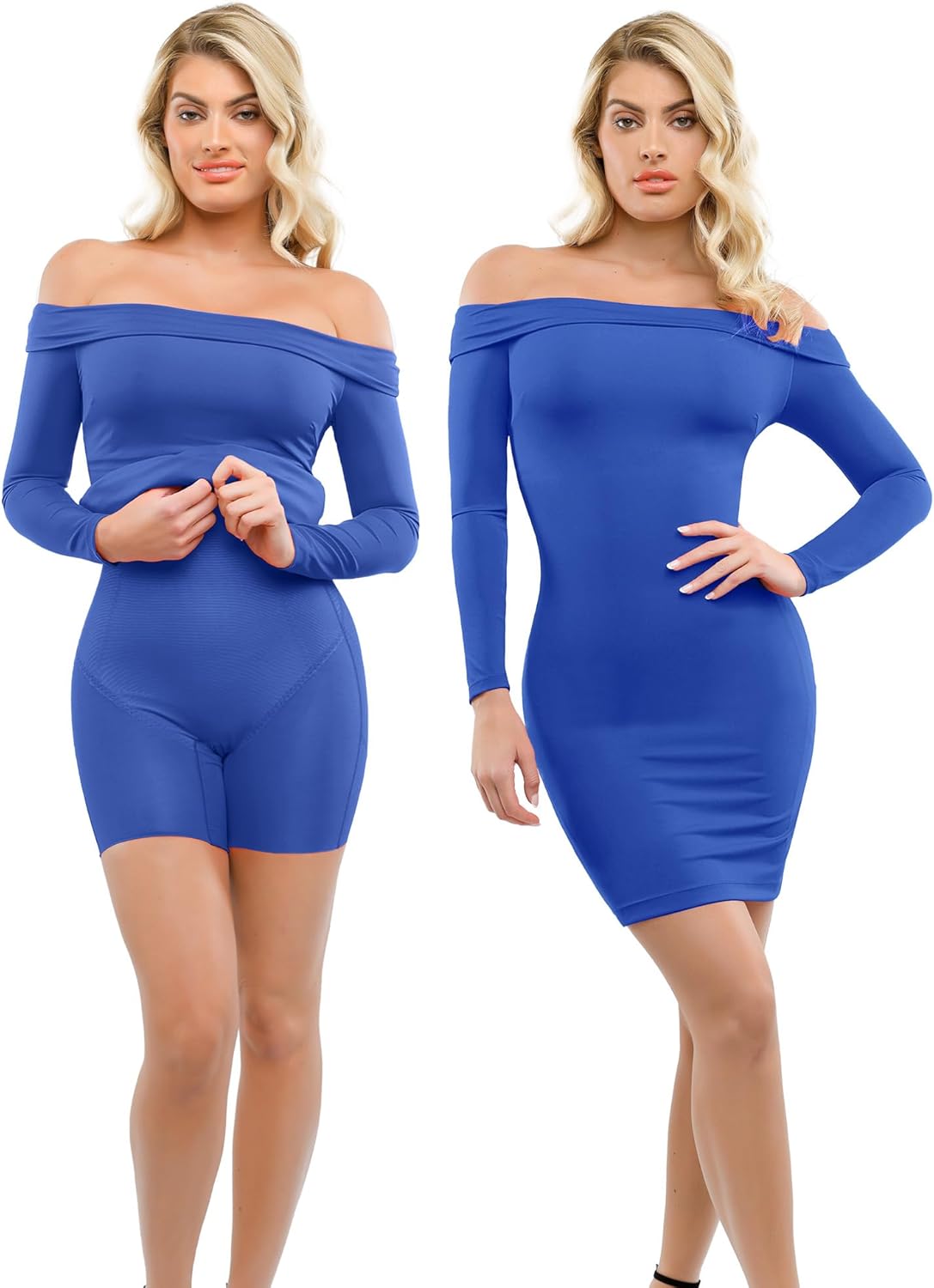 Popilush Shapewear Dress Off Shoulder Bodycon Mini Dress with Built in Shapewear Long Sleeve Dresses for Women 2024