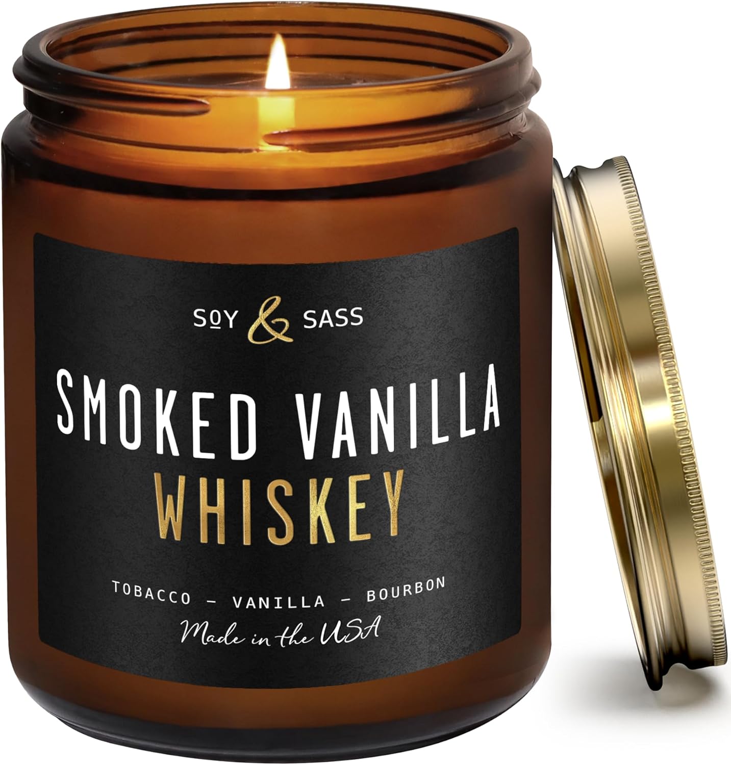Smoked Vanilla Whiskey Candle - Scented Black Candles for Men or Women - Bourbon, Tobacco & Caramel Soy Wax Mens Candle - Infused w/Essential Oils | Long 50Hr Burn,9oz I Non Toxic I Made in USA