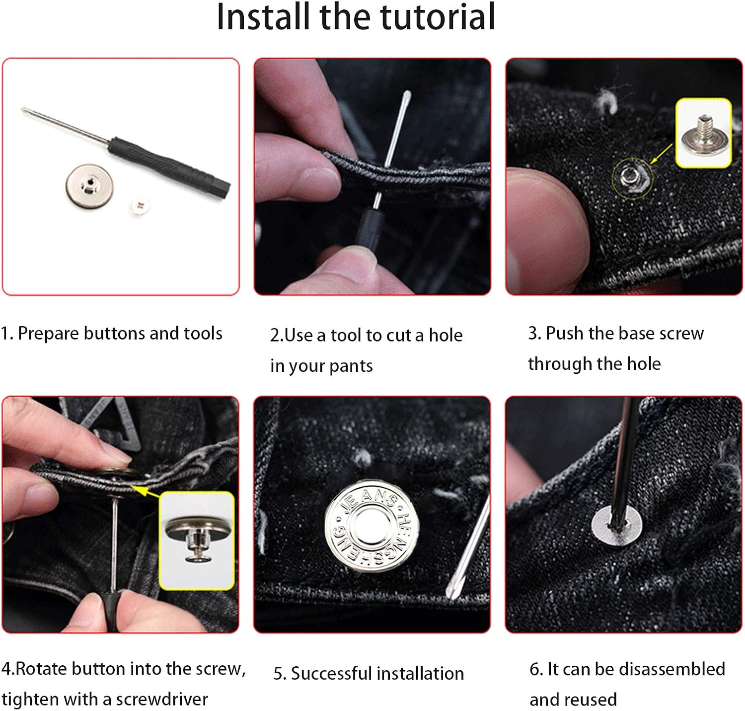 ICEYLI 12 Sets Silver Jeans Buttons Replacement 17mm No Sewing Metal Button Repair Kit Nailess Removable Jean Buttons Replacement Combo Thread Rivets and Screwdrivers