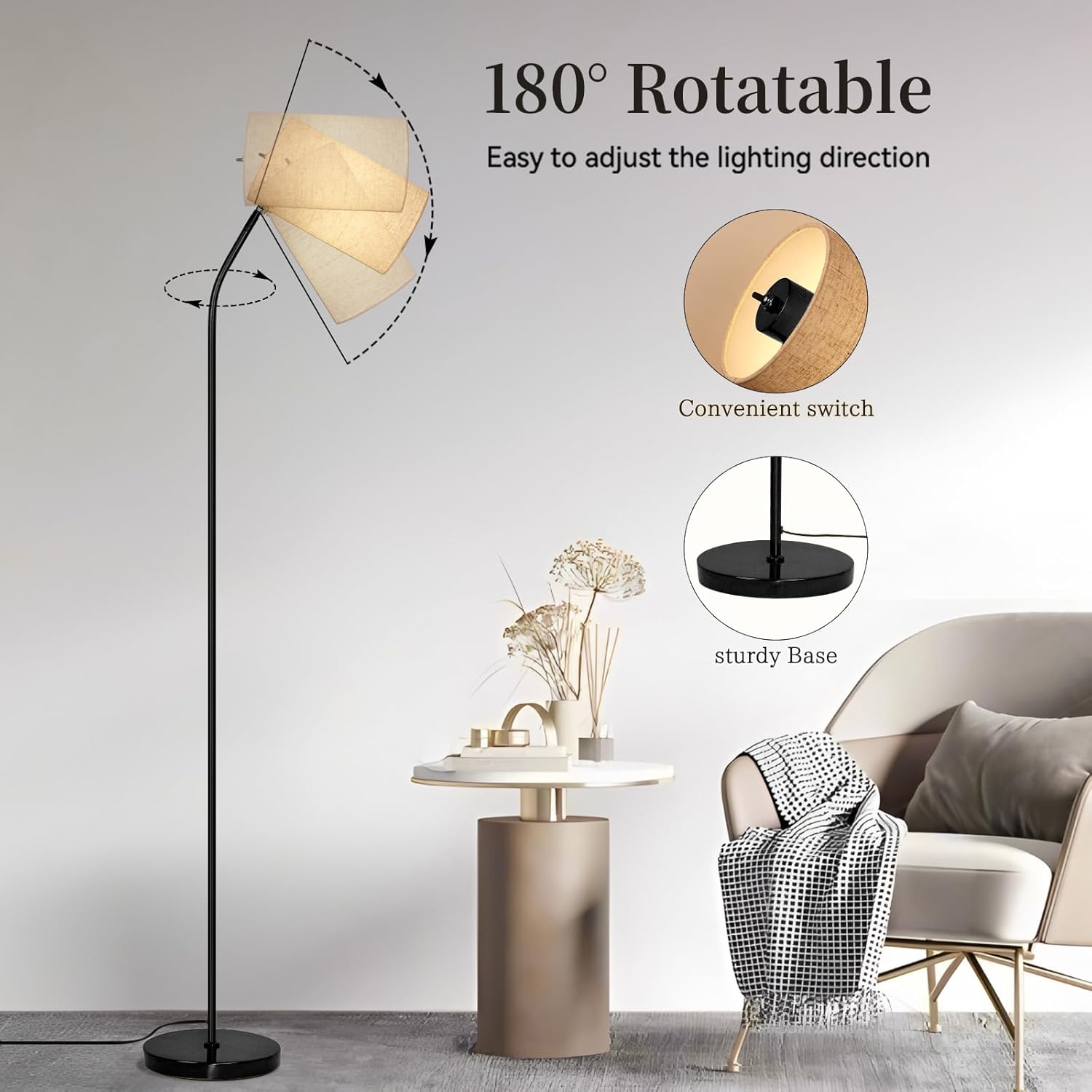 Ldeco Arc Floor Lamp for Living Room with 9W 3 Color Temperatures Bulb Modern Reading Standing Lamps for Bedroom,Office,Living Room, LED Bulb Included (Beige/Black/3CCT)