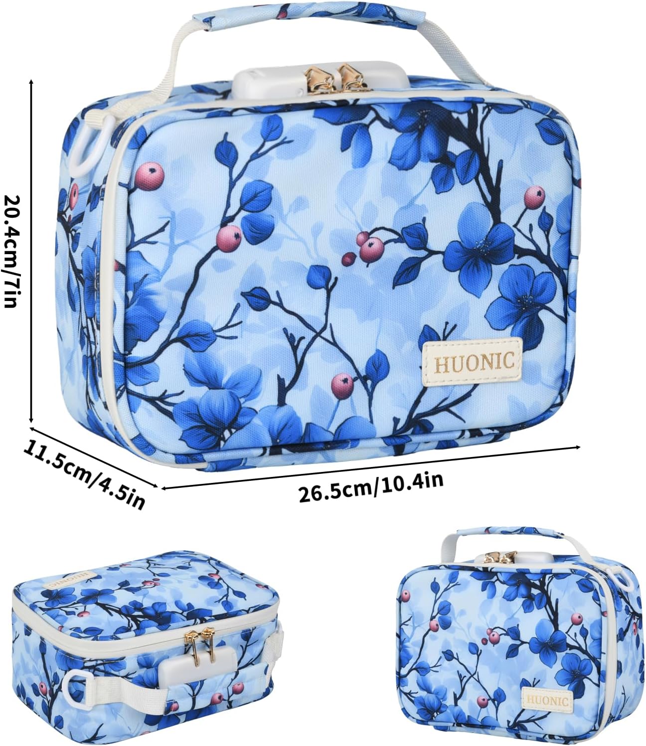 Blue Floral Smell Proof Carrier Bag with 9 PCS Accessories, Water-Resistant Organizers Box Case For Storing Your Products, Medicine Bag with Combination Lock, Great Gift for Friend.