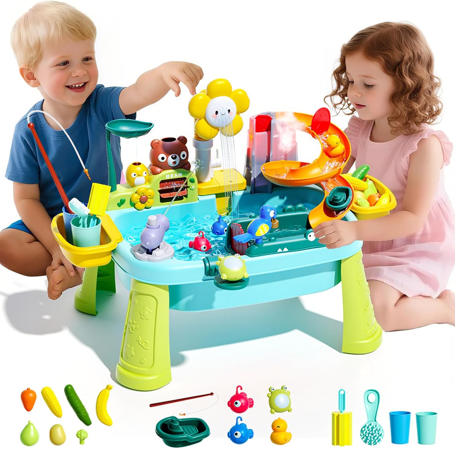 Ploomi Upgraded Toddler Sand Water Table Toy with Electric Water Pump, Kids Sand Water with Faucet/Play Food Accessories/Fishing Toy, Kitchen Play Sink Toys for Girl Boy Age 3+ (Light-Blue)