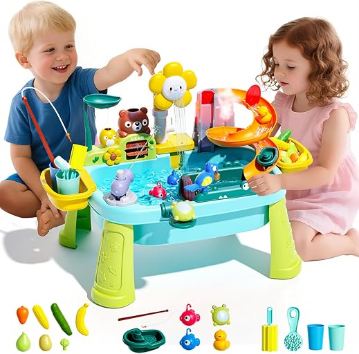 Ploomi Upgraded Toddler Sand Water Table Toy with Electric Water Pump, Kids Sand Water with Faucet/Play Food Accessories/Fishing Toy, Kitchen Play Sink Toys for Girl Boy Age 3+ (Light-Blue)
