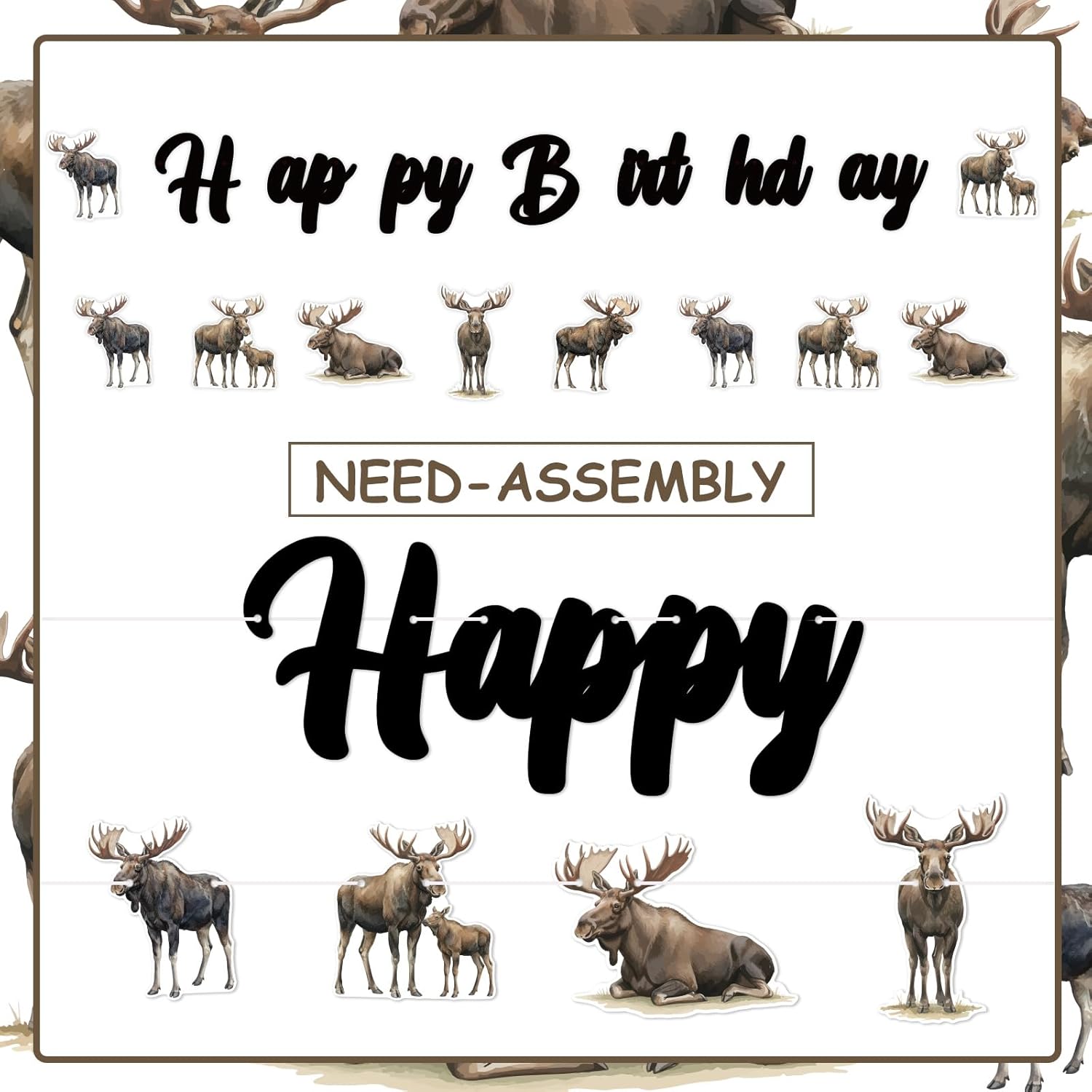 Jollyboom Moose Birthday Banner and Garland Set - Rustic Happy Birthday Sign with 2 Pieces DIY Stringing Required - Moose Theme Party Decorations for Kids or Outdoor Celebration
