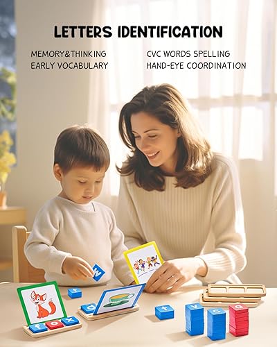 Miniatura 5 de Letras de lectura de vocales cortas de madera, juegos de ortografía con caja de almacenamiento, JoyCat CVC Sight Words Learning Flashcards Alphabet