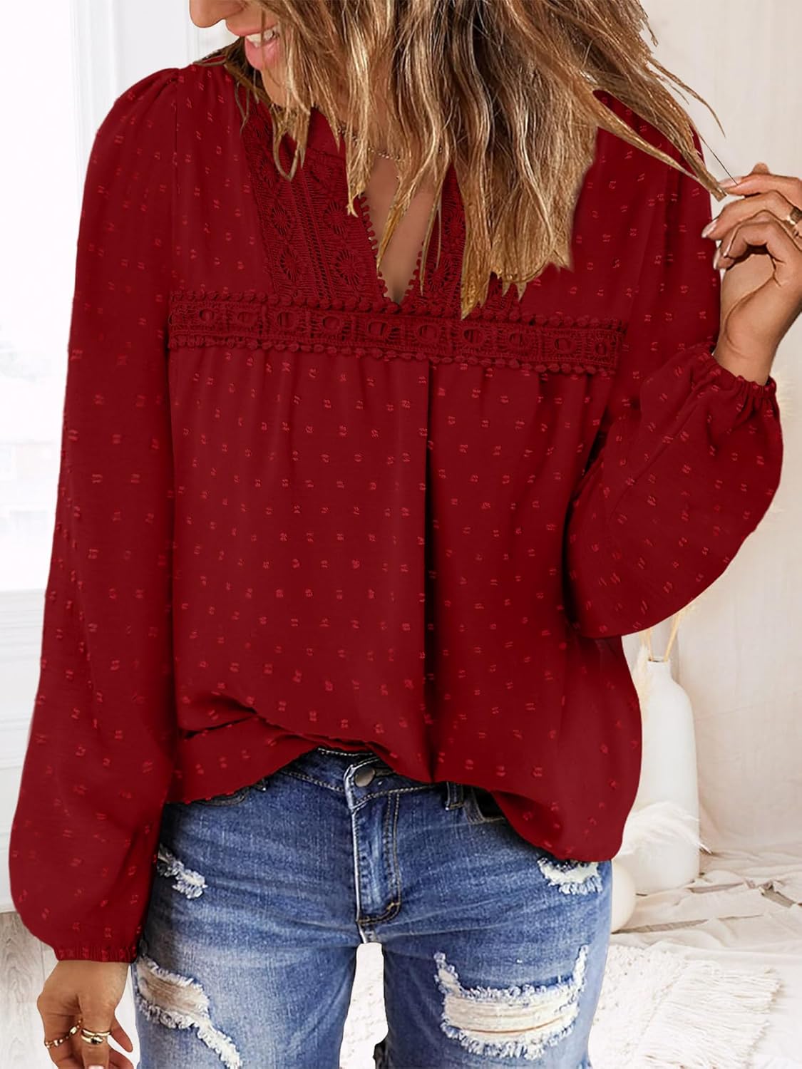 BETTE BOUTIK Womens Boho Fall Fashion Tops Long Sleeve Casual Shirts Flowy Swiss Dot Blouses - Image 4