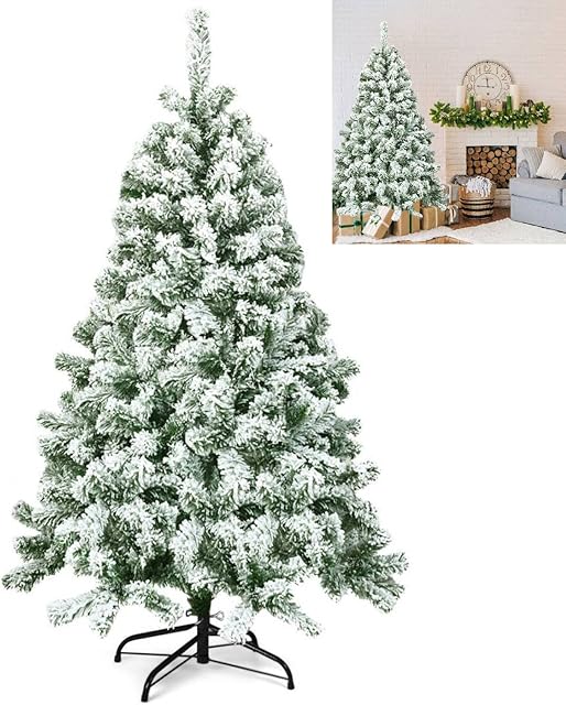 TANGZON 4.5FT/6FT Snow Flocked Christmas Tree, Premium Hinged Artificial Xmas Tree with 400/928 Tips & Foldable Metal Stand, Quick Setup Holiday Decoration Pine Tree for Home Office Shop (4.5FT/140CM)
