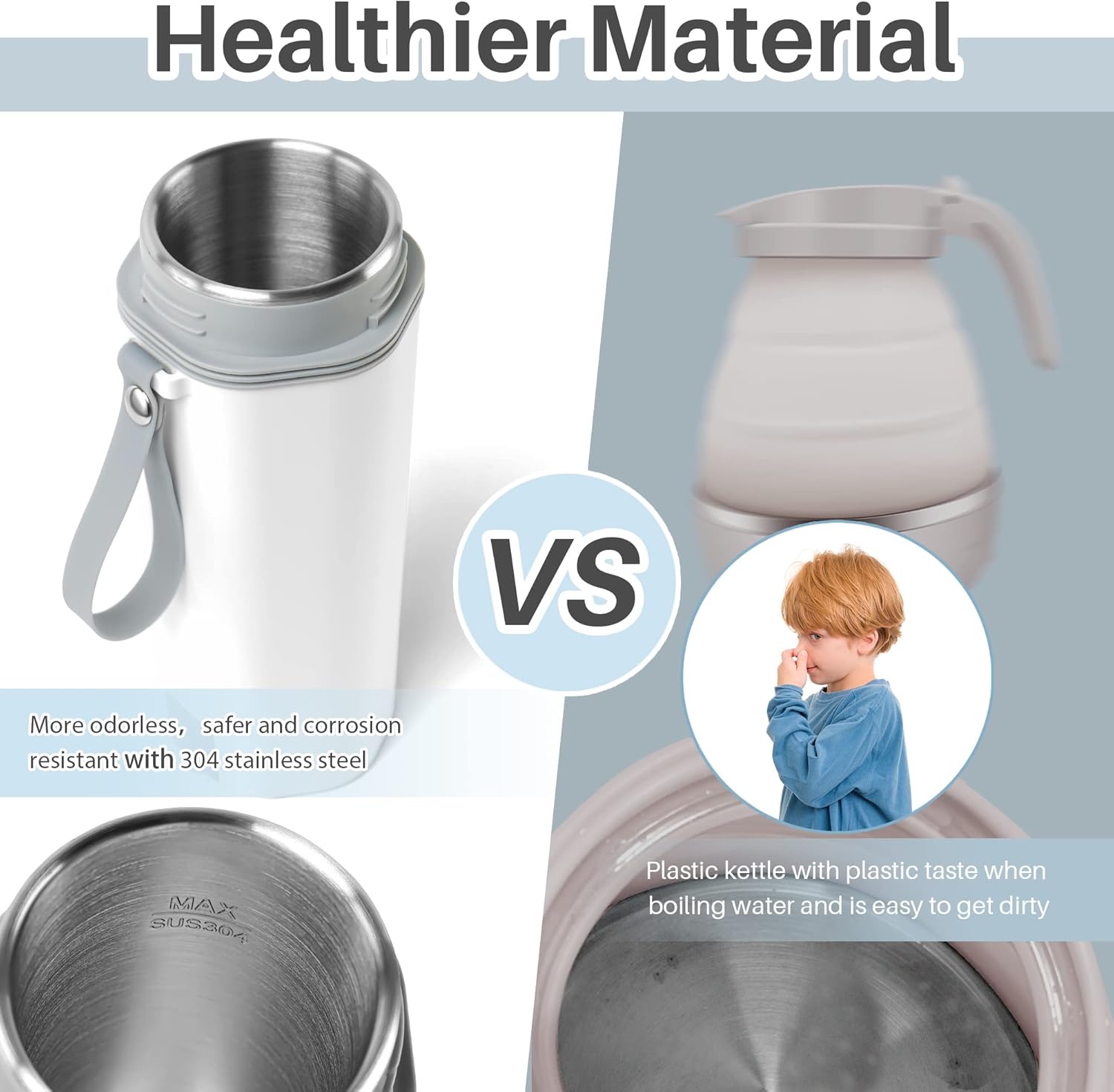 Travel Electric Kettle, Fast Water Boil Small Portable Kettle, Stainless Materials Automatic Shut off Tea Pot, Dry Protection and Separable Power Cord, Suitable for Milk, Coffee, Water and Tea