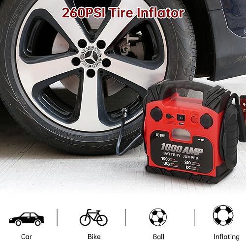 Miniatura 3 de BS ONE 1000 Amp Pico de corriente Arrancador de coche, Caja de arranque de batería de plomo ácido de 12V con compresor de aire de 260 PSI, Paquete