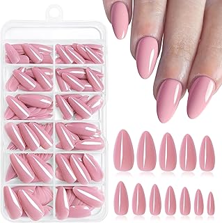 240pc Jelly Pink Press on Nails Medium Fake Nails with Adhesive Tabs, Almond Nails Press ons Medium Glue on Nails Almond Acrylic Nails Stick False Artificial Fingernail for Women Girls