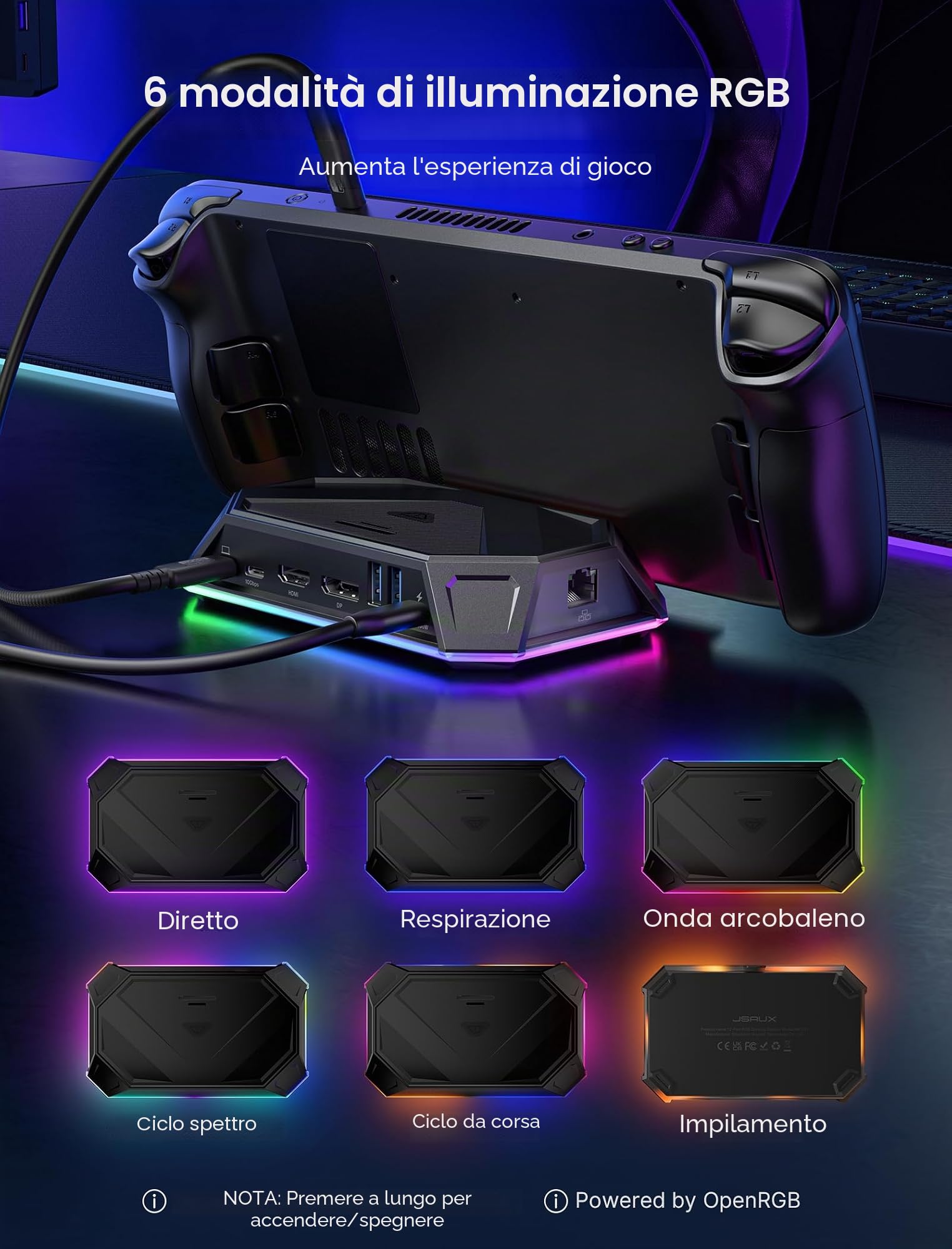 JSAUX Docking station RGB per Steam Deck OLED, ROG Ally e Legion Go, dock 12 in 1 con 4K 120Hz HDMI e DisplayPort, Gigabit Ethernet, USB C 3.2, USB A 3.2 e 2.0, slot SD TF, audio da 3,5 mm, nero