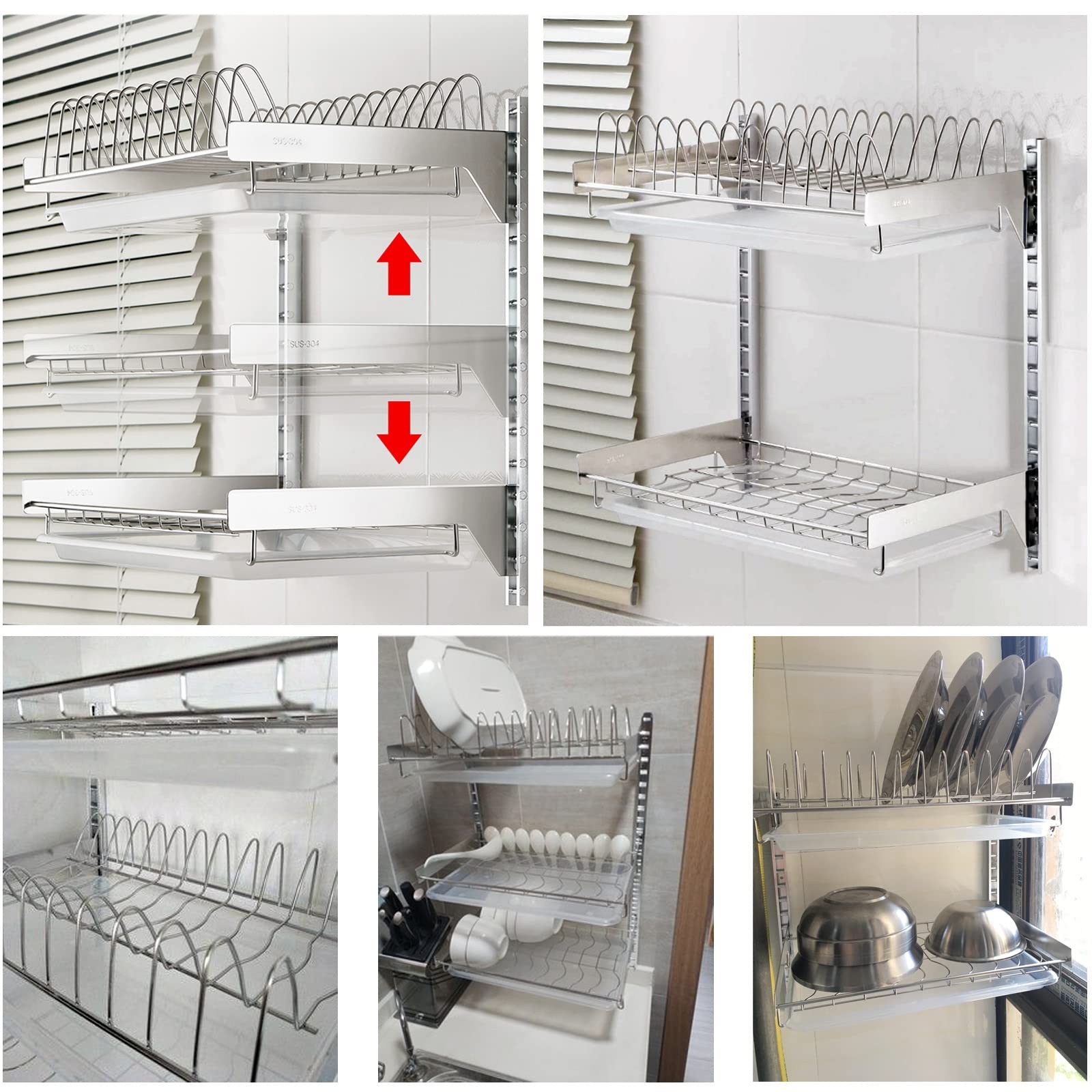 Estante para platos montado en la pared, estante de cocina con almacenamiento de cubiertos, área de secado para cuencos, tazas, platos y vasos, ahorra espacio