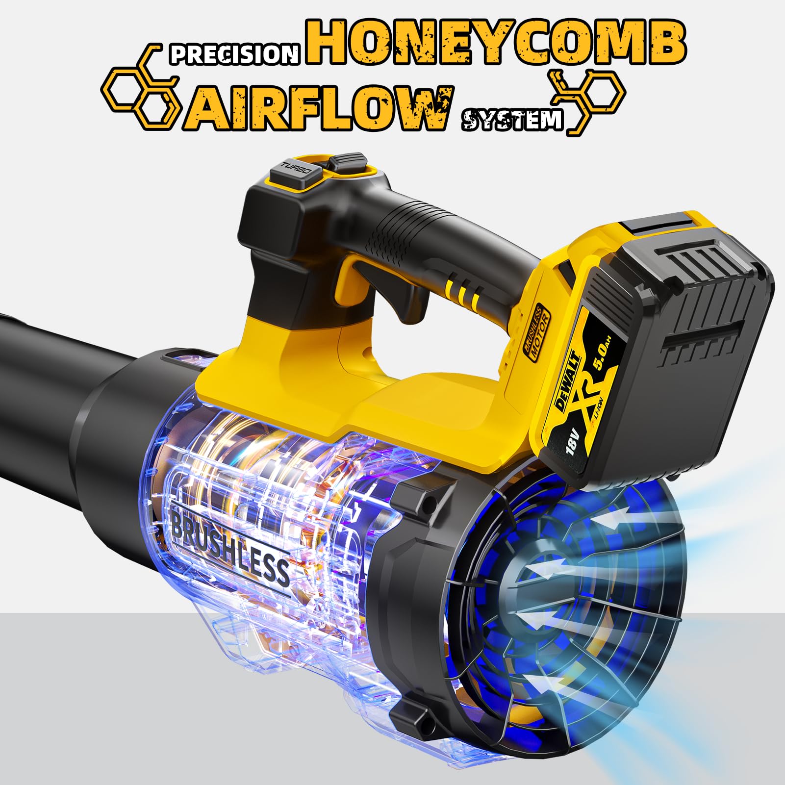 Sopladora de Hojas Inalámbrica Eléctrica, Soplador de Mano de 600 CFM 125 MPH Compatible con Batería DeWALT de 20 V Máximo, Funciona con Motor Sin Escobillas para Cuidado del Césped, Patio