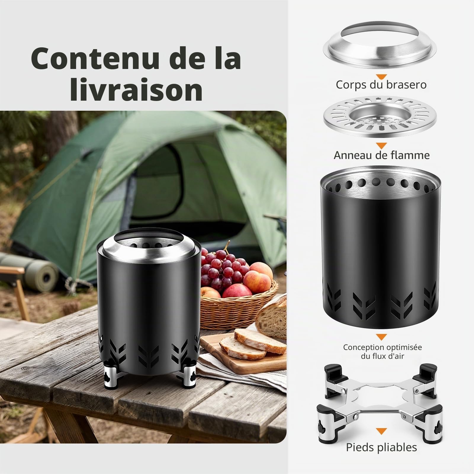 Brasero portable en acier inoxydable pour l'extérieur, sans fumée, avec support et sac de transport, mini foyer sans fumée pour balcon, terrasse et jardins, 14 cm x 20 cm H noir