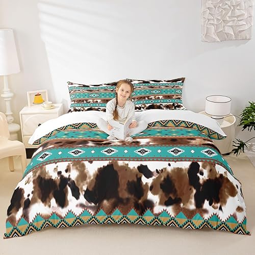 Miniatura 2 de Juego de funda de edredón de piel de vaca, estampado de vaca de las tierras altas, tamaño Queen, funda de edredón tribal azteca occidental, 3 piezas