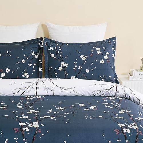 Miniatura 10 de Juego de funda de edredón de microfibra cepillada suave con cierre de cremallera y lazos en las esquinas, patrón floral de flor de ciruelorama,